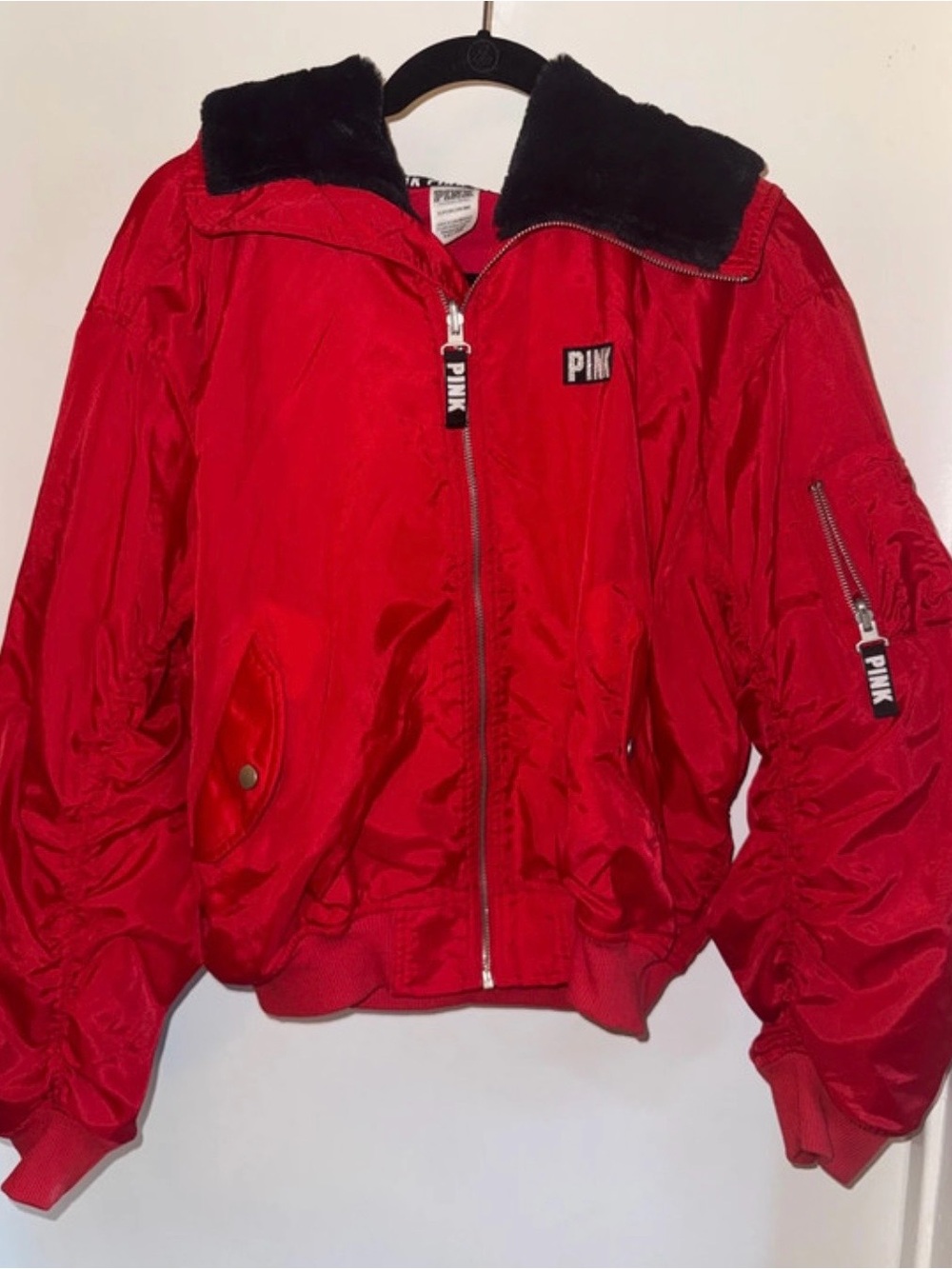 PINK Victoria's Secret Red Bomber Jacket with Faux Fur Collar Y